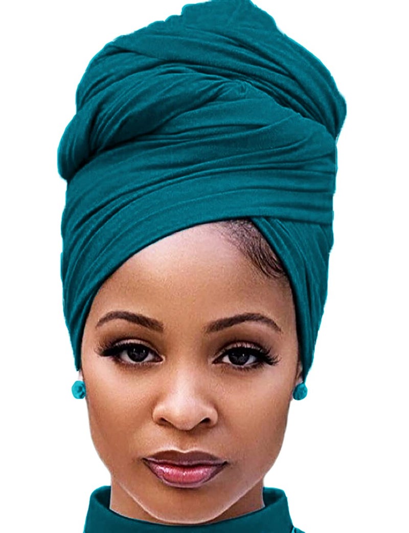 Harewom Hair Wraps for Women Turban Fashion Long Vintage African Hair Headband for Braids Locs Work Cooking Dark Cyan - Image 1